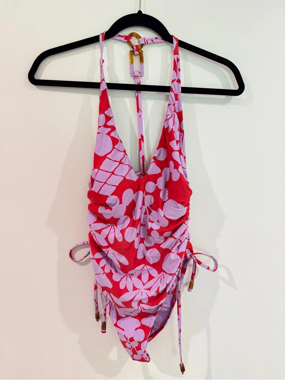 Trina Turk Red & Pink Floral Halter Swim One-Piece